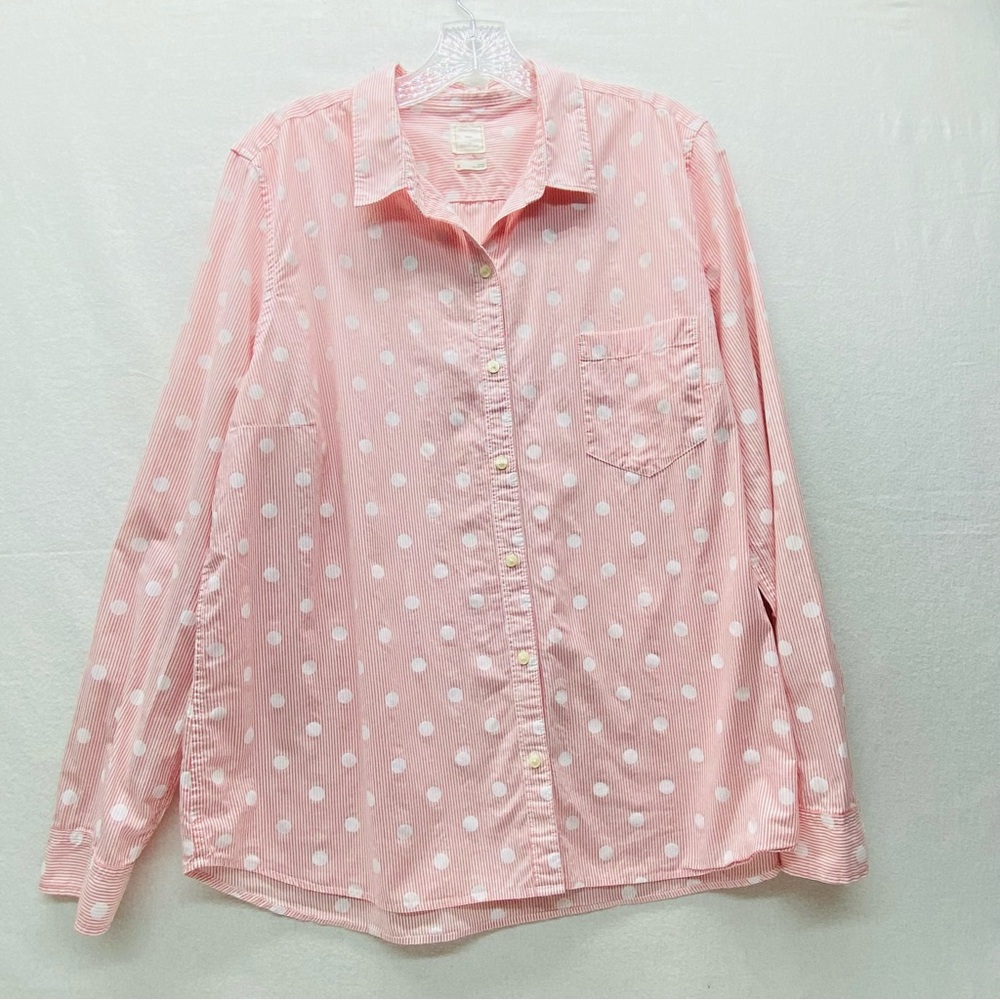 GAP The Fitted Boyfriend XL Pink White Striped Polka Dot Button Down Casual Top